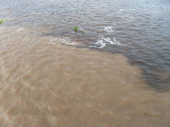 São diversos 'encontro das águas' ao longo do rio Solimões, como esse, no trecho entre Coari e Codajás, no Amazonas